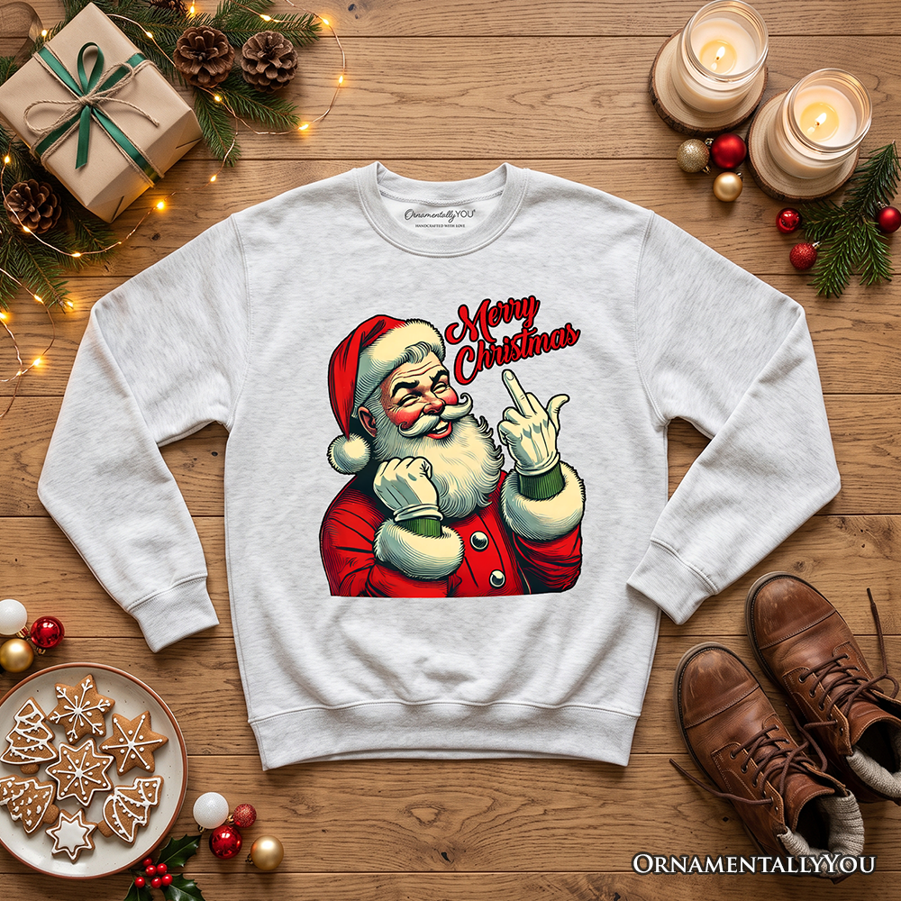 Santa Middle Finger Christmas Sweatshirt, Vintage Funny Sweater for Naughty Holiday Humor