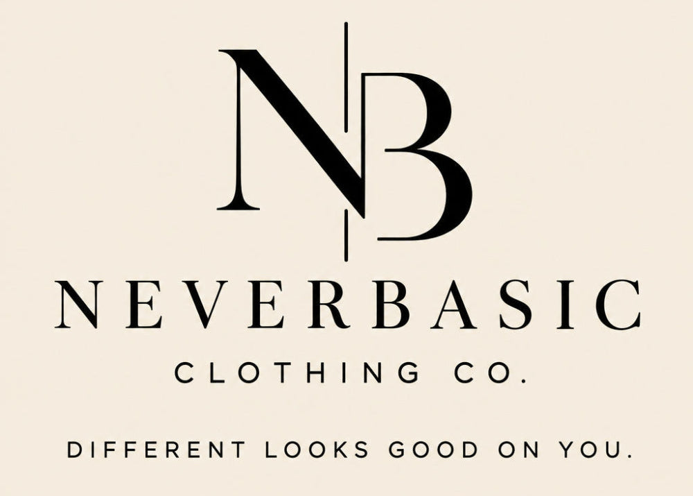 A beige square graphic featuring the black stylized letters NB above the text 'NEVERBASIC CLOTHING CO.' and the slogan 'DIFFERENT LOOKS GOOD ON YOU.